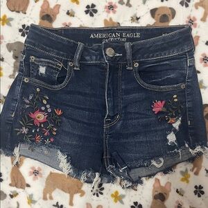 American Eagle Outfitters Women's Dark Blue Jean Shorts with Floral Embroidery